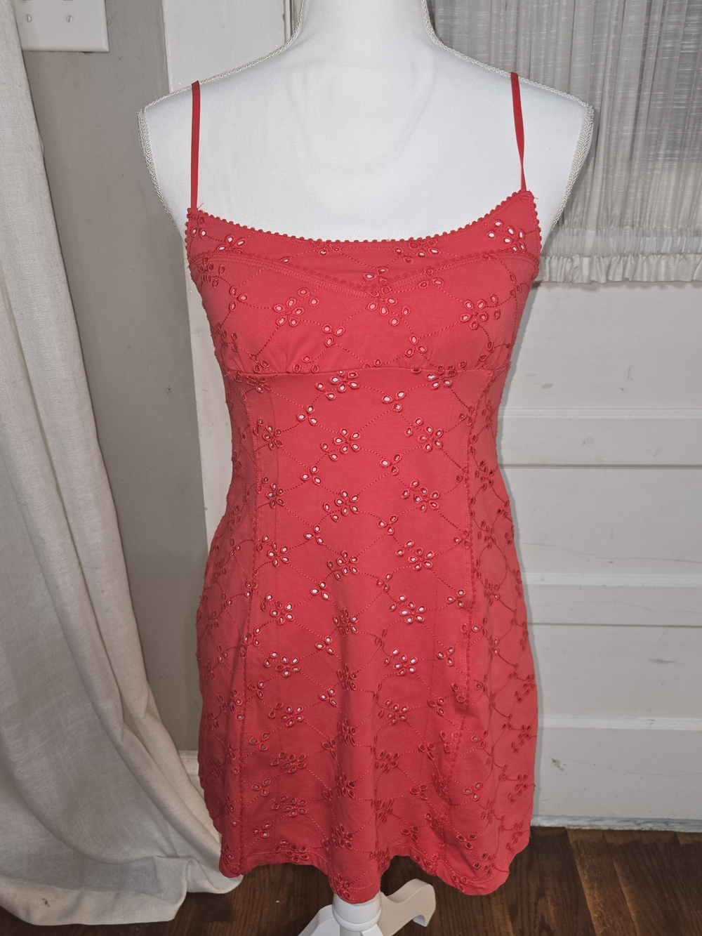 Free People Red Embroidered Spaghetti Strap Mini Dress
